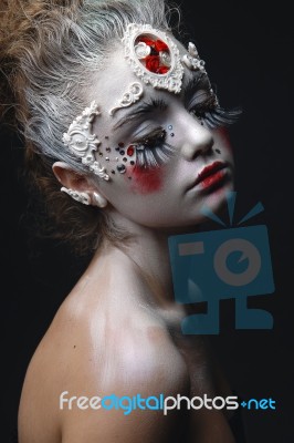 Young Girl With A White Hair And Creative Makeup Stock Photo