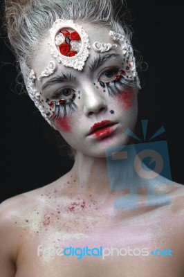 Young Girl With A White Hair And Creative Makeup Stock Photo