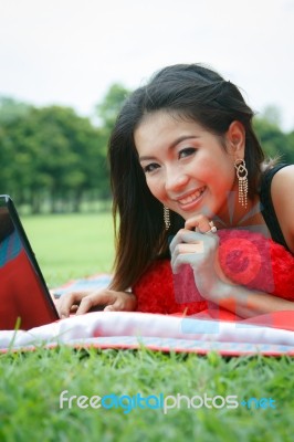 Young Girl With Tablet Stock Photo