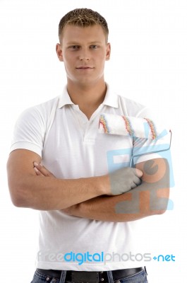 Young Guy Holding Rolling Brush Stock Photo