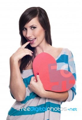 Young Happy Smiling Valentine Woman With Heart Symbol Stock Photo