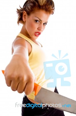 Young Lady Holding Knife Stock Photo