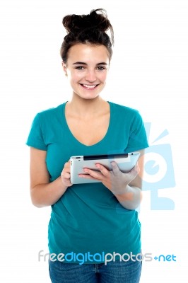 Young Lady Holding Tablet Pc Stock Photo