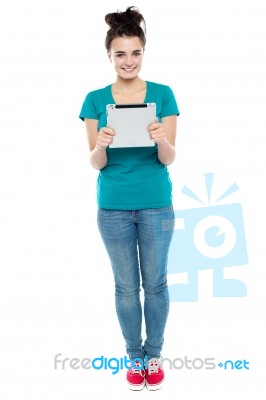 Young Lady Holding Tablet Pc Stock Photo