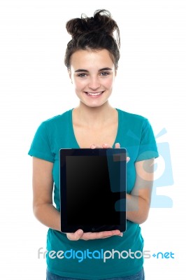 Young Lady Holding Tablet Pc Stock Photo