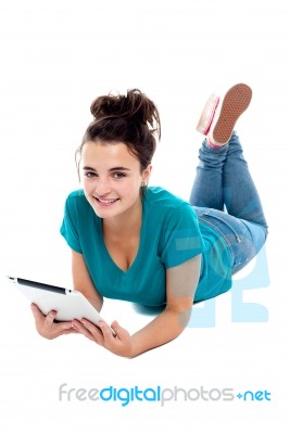 Young Lady Holding Tablet Pc Stock Photo