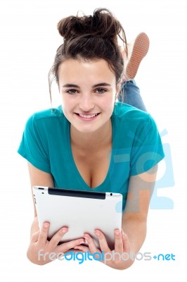 Young Lady Holding Tablet Pc Stock Photo