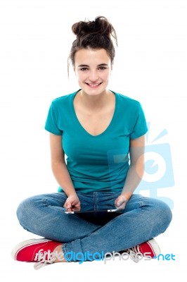 Young Lady Holding Tablet Pc Stock Photo