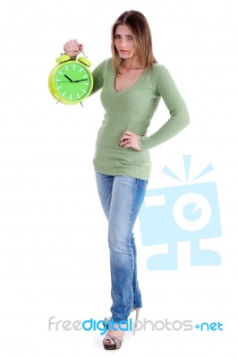 Young Lady Holding The Clock Stock Photo