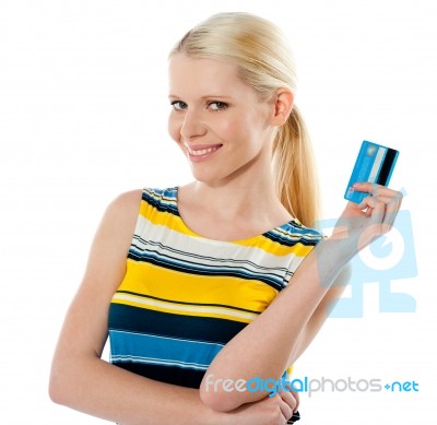 Young Lady Showing Credit Card Stock Photo