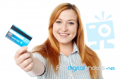 Young Lady Showing Her Cash Card Stock Photo