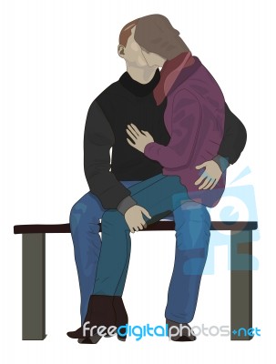 Young Loving Couple Kissing On Park Bench Stock Image