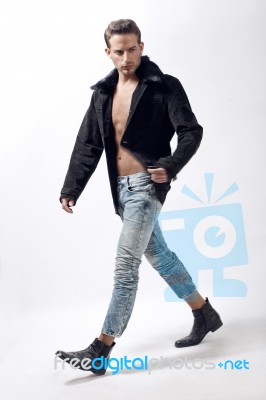 Young Male Model Wearing Winter Jacket Stock Photo