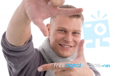 Young Male Showing Directing Hand Gesture Stock Photo