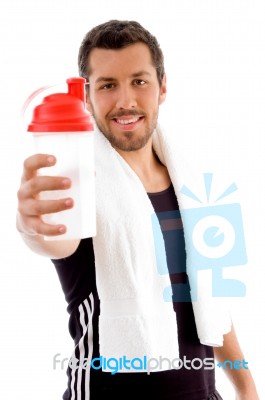 Young Male Showing Water Bottle Stock Photo