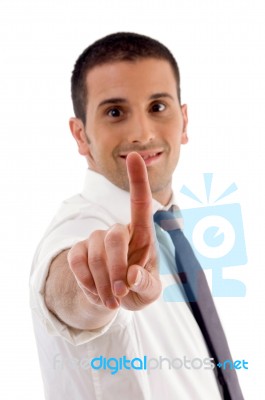 Young Professional Showing Finger Stock Photo