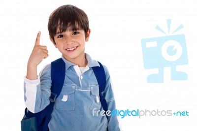 Young School Boy With Finger Up Stock Photo