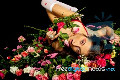 Young Sexy Girl Wearing Red Lingerie Posing Stock Photo