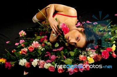 Young Sexy Girl Wearing Red Lingerie Posing Stock Photo