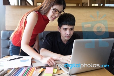 Young Studying Friends Doing Homework Task For Lecture Stock Photo