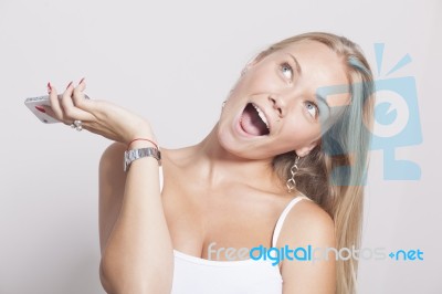 Young Teenager Woman Hold Smartphone Phone Stock Photo