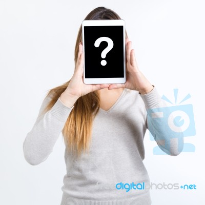 Young Woman Cover Her Face With Digital Tablet. Isolated On Whit… Stock Photo