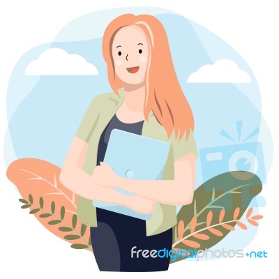 Young Woman Holding Laptop -  Illustration Stock Image