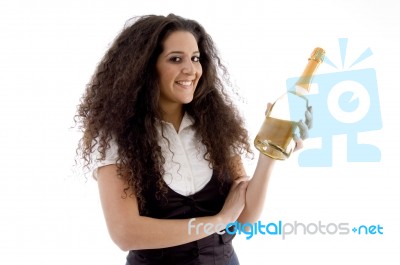 Young Woman Holding Wine Bottle Stock Photo