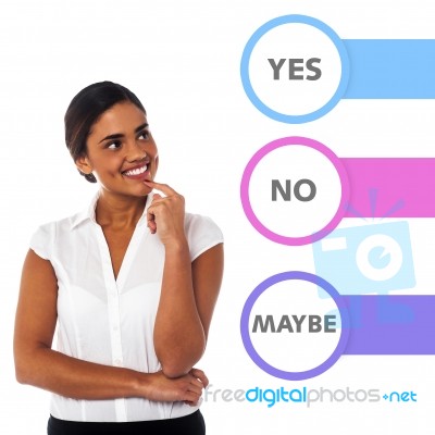 Young Woman Looking Virtual Buttons Stock Photo