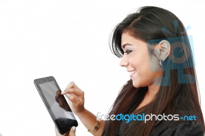 young Woman pressing Tablet PC Stock Photo