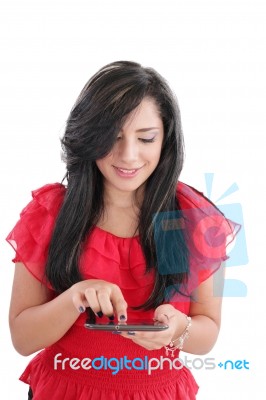 young Woman pressing Tablet PC Stock Photo