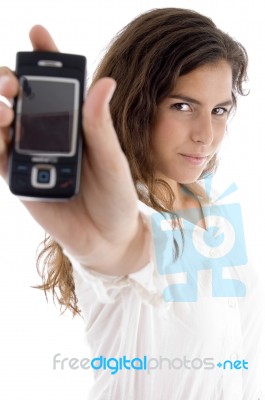 Young Woman Showing Cell Phone Stock Photo