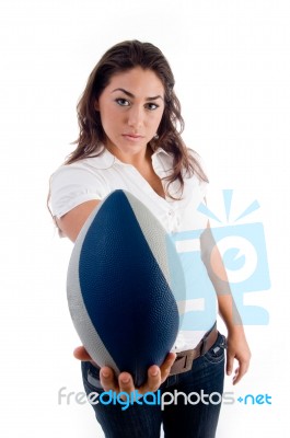 Young Woman Showing Rugby Ball Stock Photo