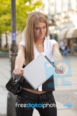 Young Woman Showing Tablet Stock Photo