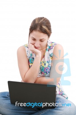 Young Woman Sitting With Laptop Stock Photo