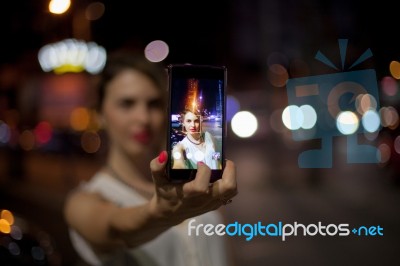 Young Woman Taking Selfie In The City Stock Photo