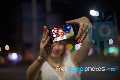 Young Woman Taking Selfie In The City Stock Photo