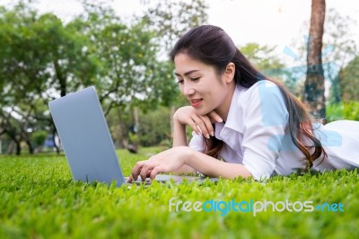 Young Woman Using Laptop In Park Stock Photo