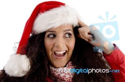 Young Woman Wearing Christmas Hat Stock Photo