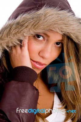 Young Woman Wearing Hood Stock Photo