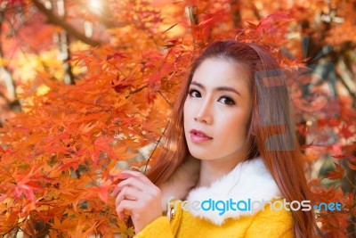 Young Woman With Autumn Leaves In Maple Garden Stock Photo