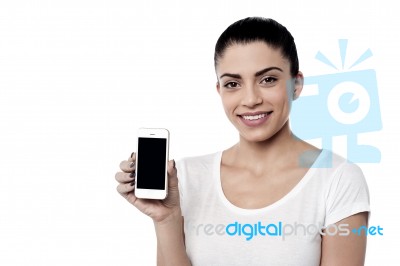 Young Woman With Blank Smartphone Screen Stock Photo