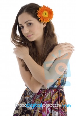 Young Woman With Gerbera Flower Stock Photo