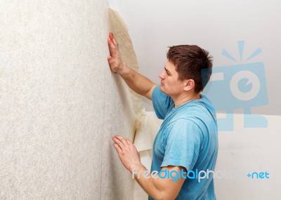 Young Worker Smoothing Wallpaper Stock Photo