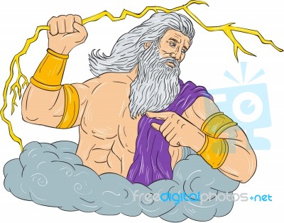 Zeus Wielding Thunderbolt Lightning Drawing Stock Image