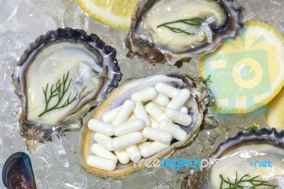 Zinc Capsule Supplementary Food Oyster Seafood Lemon Stock Photo