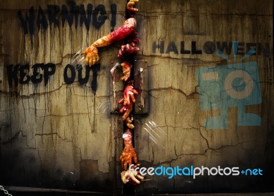 Zombie Hand Through The Door, Useful For Some Halloween Concept Stock Photo