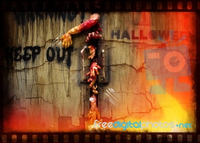 Zombie Hand Through The Door, Useful For Some Halloween Concept Stock Photo