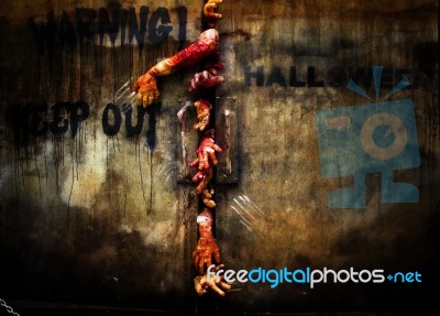 Zombie Hand Through The Door, Useful For Some Halloween Concept Stock Photo