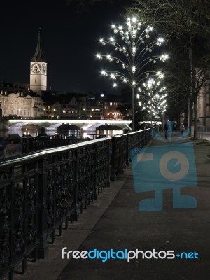 Zurich By Night At Limmat Stock Photo